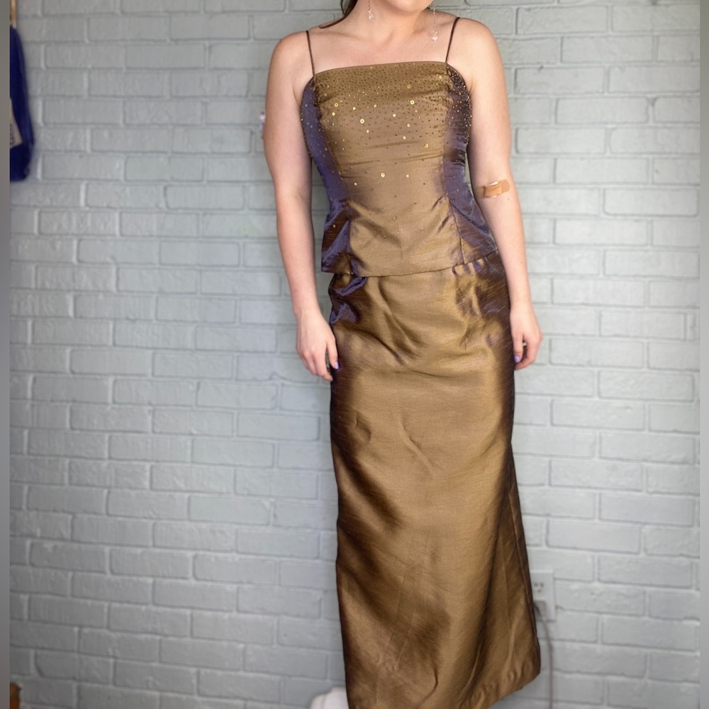 Alex Evening Vintage Brown Beaded Evening Gown Two Piece